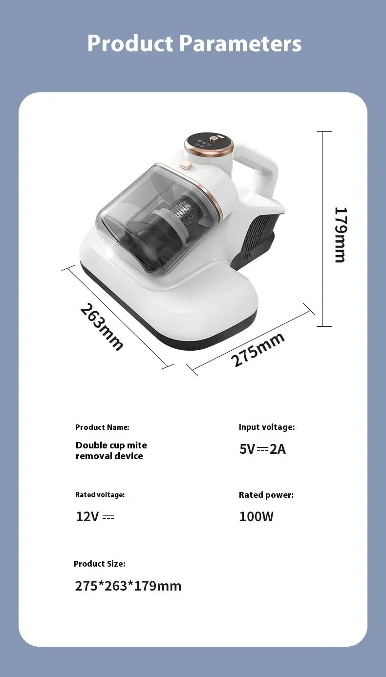 PearlClean Duo™ UV Mite Vacuum – Compact Double Cup Design with Powerful Suction & UV Sterilization for Beds, Sofas, and Fabrics